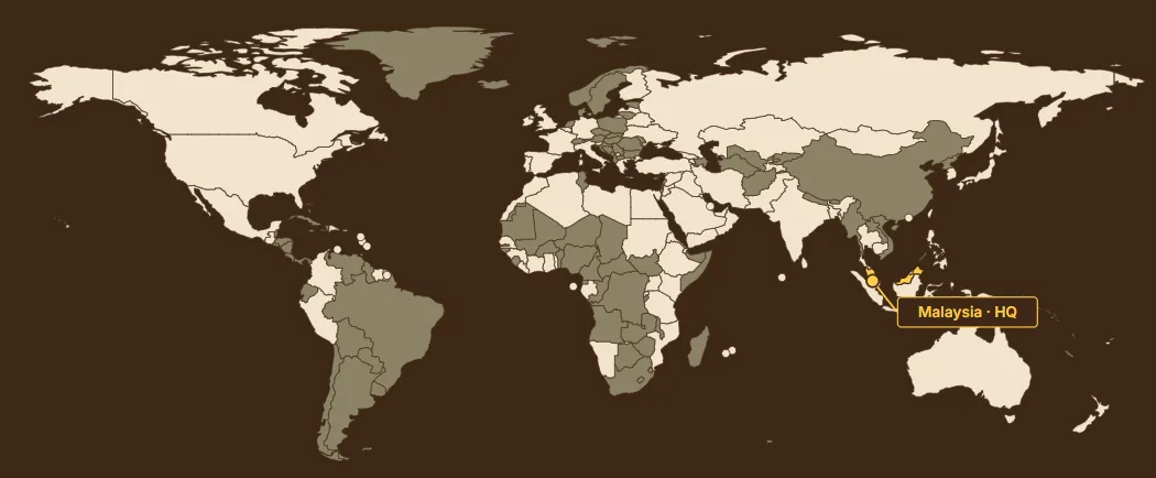 World map showing Intergo's export markets and headquarters in Malaysia